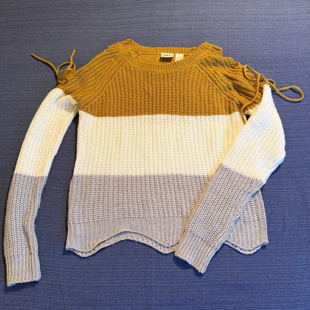 Daytrip Womens XS Cold Shoulder Colorblock Knit Sweater Mustard White Grey